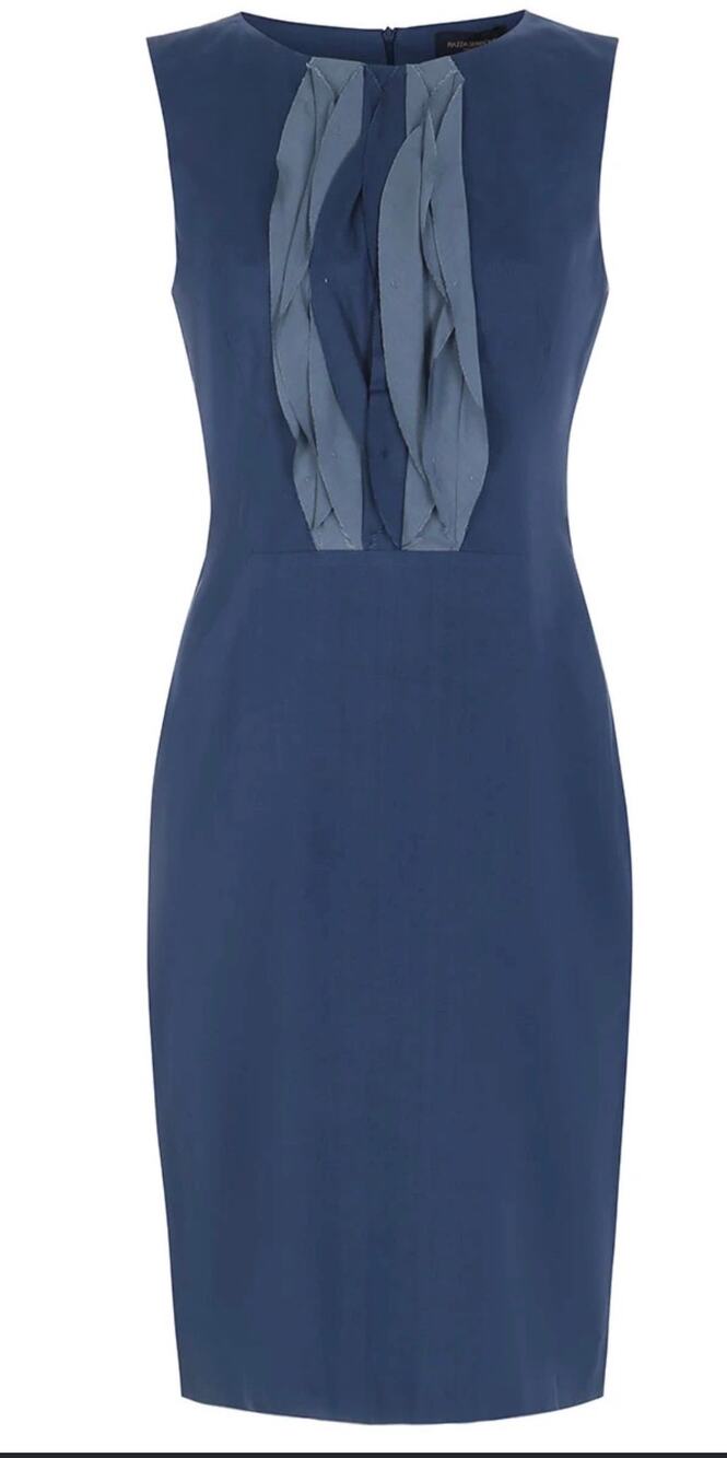 Piazza Sempione Sheath Dress Blue Wool Blend Leather Detail Sleeveless
